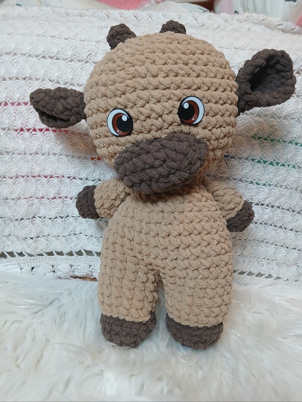 Handmade Crocheted Cow Pludh Stuffed Toy Kids Girls Boys Farm Collect